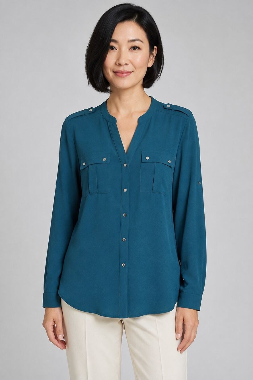 Calvin Klein Blouse Women’s Large Teal Roll Tab Long Sleeve Silver Buttons